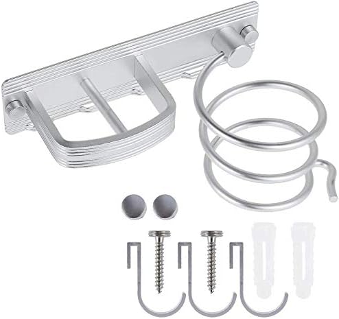 YUET Hair Dryer Holder Wall Mounted Spiral Shelf Rack Stand Hanger Straightener Organizer Storage Blow Bathroom with Four Hooks Professional Aluminum Silver