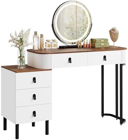 WOLTU Makeup Dressing Table with Round Mirror, Adjustable Light i...