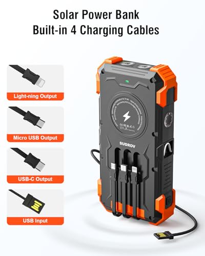 Image of Solar Power Bank 20000mAh Built-in 4 Cables, Solar Charger Power Bank USB-C 3A Fast Charging for iPhone Samsung, Portable Wireless Charger with Flashlight, Thermometer, Battery Pack for Camping