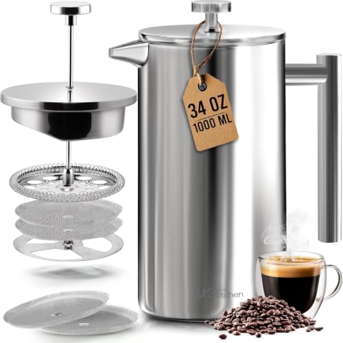 KICHLY Cafetiere 8 Tassen Edelstahl French Press Kaffeebereiter, Kaffeepresse mit 3 Stufen Filtrationssystem – Doppelwandig Isolierte Kaffettiere mit 1 Extra Filter – 1000ml / 34oz – Silber