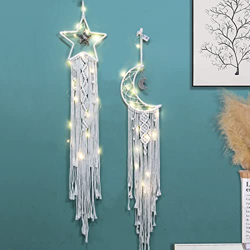 Dream Catcher, Aesthetic Room Decor for Teen Girls, Handmade Moon and Star Dream Catchers with Lights, Bohemian Macrame Cotton Woven Wall Hanging for Home Dorm Decorations Ornament Craft Gift (2 PCS)