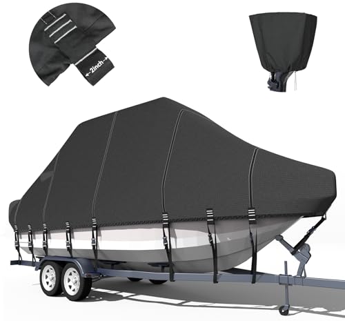 Trailerable T-Top Boat Cover Ture 1200D Solution Dyed Hard Top/T Top Boat Cover with 21 Windproof Straps, Motor Cover Fit 23'-25' Long Beam Width Up to 106" Center Console Boat with T Top Roof