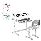 Mount-It! Kids Desk and Chair Set Height Adjustable up to 30' Ergonomic Kids Desk School, Kids Table and Chairs for Student 26' x 18' Tabletop with Pencil Drawer, 3-10 Age Children, Grey