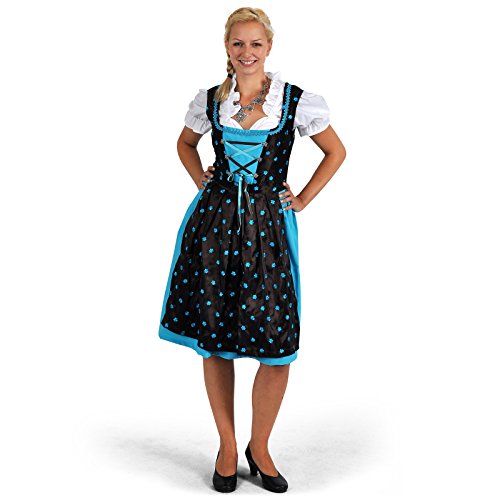 Elbenwald Dirndl Trachten Kleid Damen Midi mit Schürze türkis/braun Edelweißknöpfe Blusen Bustier perfekt zum Oktoberfest - 40