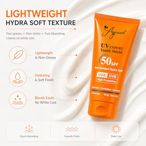 Image of Aysun SPF50 Ultra Light Lotion, Brightens and Moisturises skin with Niacinamide & Vitamin E,- Water & Sweat Resistant, No White Cast, Normal, Oily, Dry Skin Types, Oil Free -100 Gm
