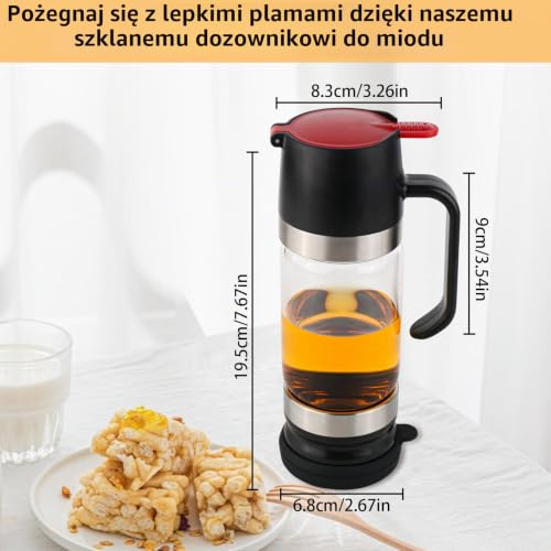 bssmmai Dozownik miodu ze szkła zapobiegającego kapaniu, dozownik na miód z pompką, dozownik na miód 300 ml, uchwyt na miód (czarny)