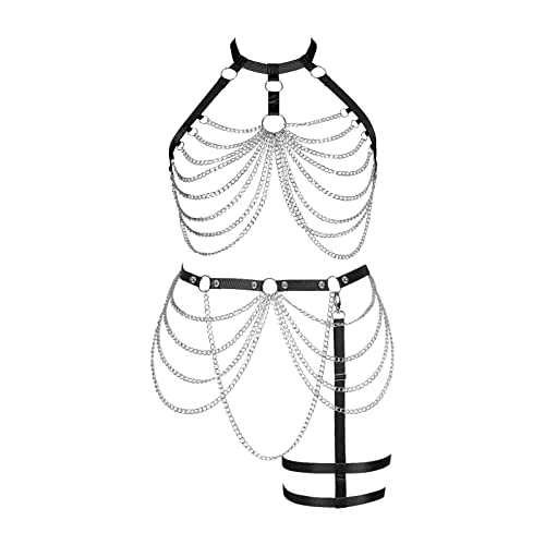 PETMHS Damen Harness Strumpfgürtel Set für Damen Plus Size Gothic Pentagramm Riemchen Body Cage Aushöhlen BH Punk Kleidung (Schwarz 168+72) Cover