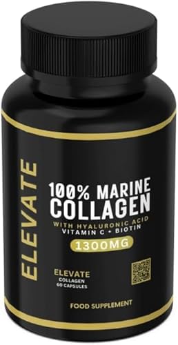 Elevate Supplements 100% Marine Collagen (Type 1), 60 Capsules | Added Hyaluronic Acid, Vitamin C & Biotin for Skin, Hair, Nail, Joint & Nervous System Support | Multi-Benefit Beauty Supplement