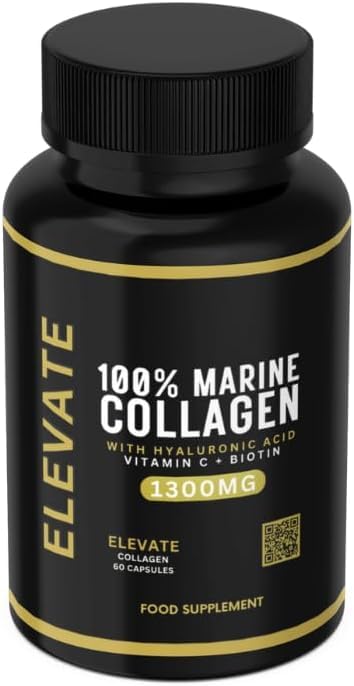Elevate Supplements 100% Marine Collagen (Type 1) 60 Capsules | Added Hyaluronic Acid Vitamin C & Biotin for Skin Hair Nail Joint & Nervous System Support | Multi-Benefit Beauty Supplement