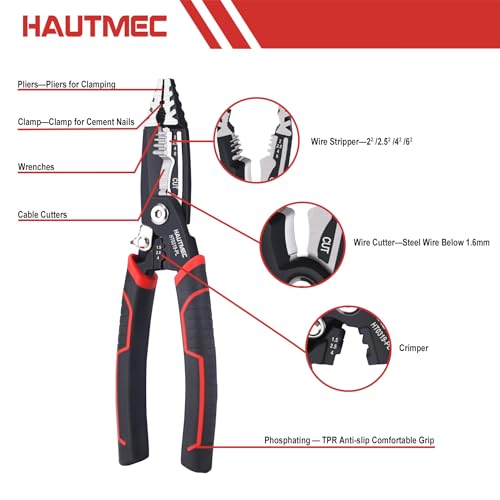 Image of HAUTMEC 7-in-1 Wire Stripper Cutters Tool, 8 inch Wire Strippers, Electrical, Wire Cable Stripper and Crimping Tool, Multifunctional Pliers