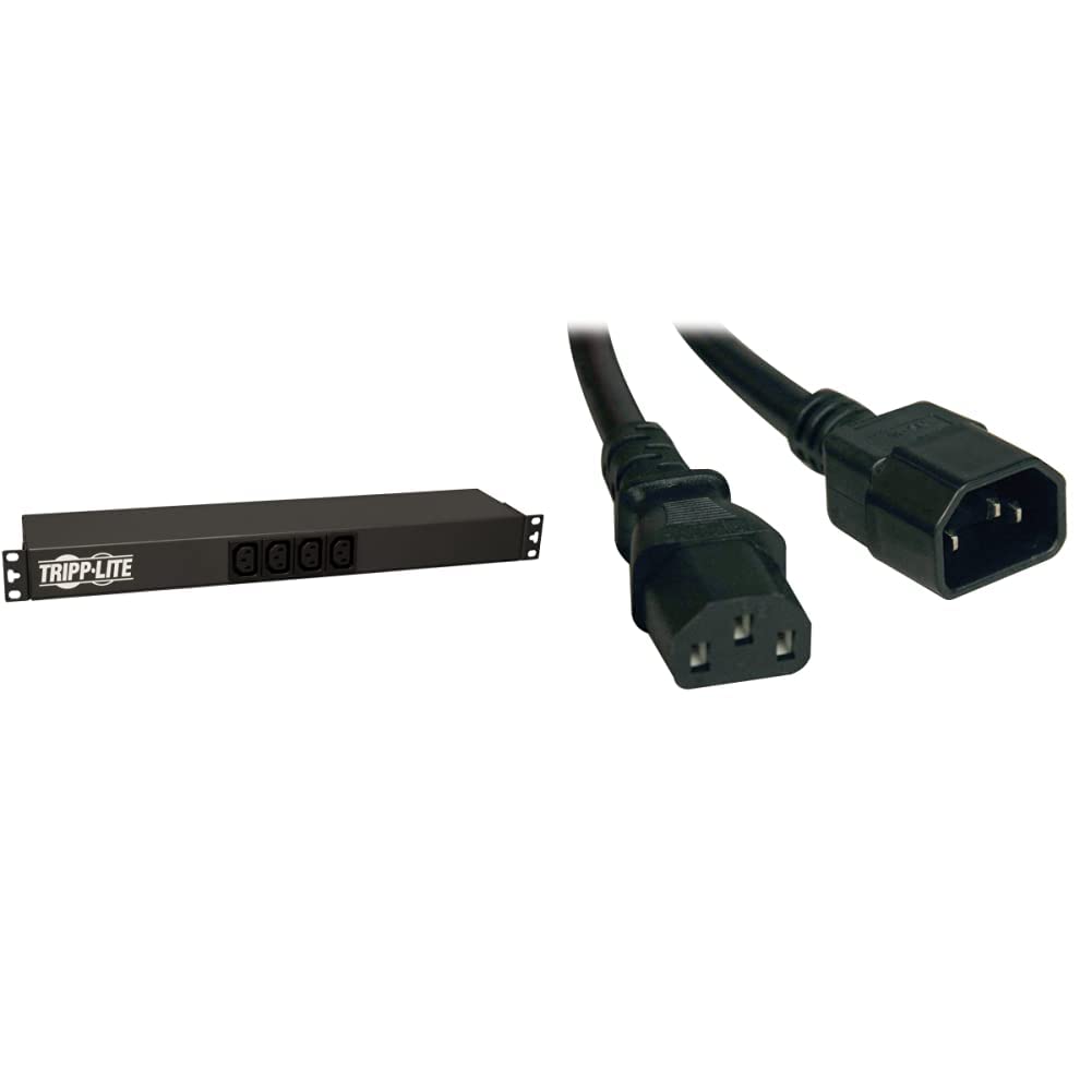 Tripp Lite Basic PDU, 14 Outlets (12 C13, 2 C19), 100-240V, C20 with L6-20P Adapter, 1.6-3.8kW, 12 ft. Cord (PDUH20DV),Black & Heavy-Duty Power Extension Cord 15A, 14AWG 6-ft.(P005-006), Black