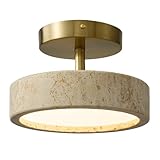 Wabi Sabi 8-inch Yellow Travertine Ceiling Light Fixture - Japanese Semi Flush Mount light with Brushde Gold Metal Base, Hardwired Stone Lamp for Bathroom, Kitchen, Bedroom, Hallway & Entryway