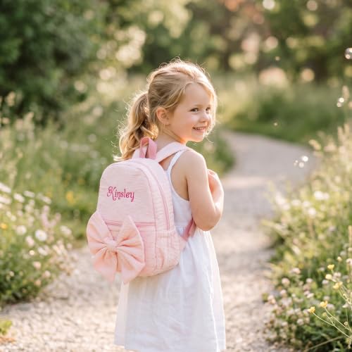 Image of 15inch Daycare Backpack Personalized Large Backpack with Name | Cute Punch Backpack for Age 4-6,Quilted & Lightweight Fabric,Large Front Pocket with Bow,Padded Shoulder Straps,Custom Gift