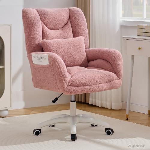 Image of FOXHUNTER Vanity Chair with Ergonomic Back & Wheels, 360 Swivel Accent Chair, Adjustable Height Home Office Chair for Living Room, Bedroom,Teddy White(Upgraded Oversized)