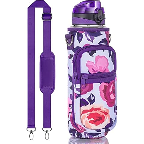 32 oz Water Bottle with Sleeve - BPA Free Leakproof Sport Large 1L Plastic Motivational Water Bottle with Straw & Strap & Insulated Neoprene Holder Carrier Bag Great Xmas Gift for Kids Women Men Cover