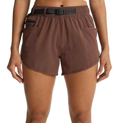 Womens Athletic Hiking Shorts with Built-in Liner - Lightweight Quick-Dry with Adjustable Belt for Travel Running Workout (Coffee Brown S)