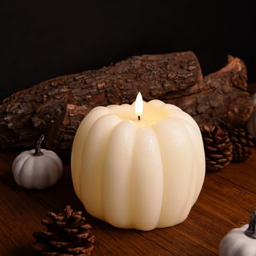 Image of Fall Decorations for Home - Fall Decor - Flickering Flameless Wax Pumpkin LED Candle with Timer Remote - Light Up Pumpkin Candle for Mantel Table - Thanksgiving Centerpiece for Autumn Indoor Decor