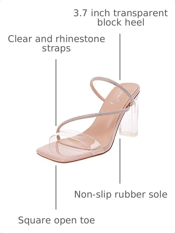 Image of vivianly Womens Square Toe Clear Rhinestone Strappy Heeled Sandals Transparent Block High Heels Slides Slipper Wedding Dress