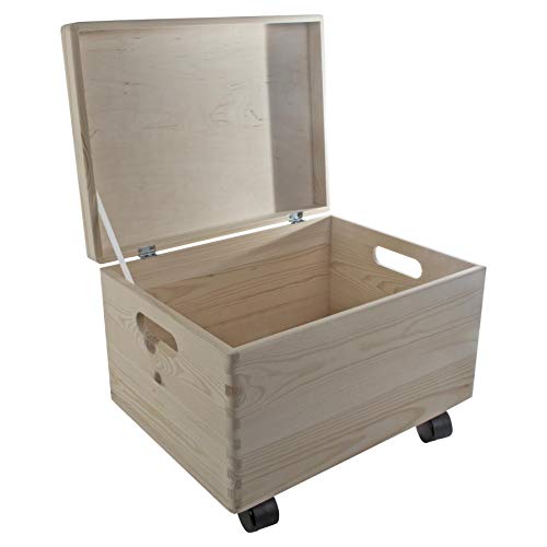 Grande boîte de rangement sous le lit en bois | 40 x 30 x 28 cm | Couvercle à charnière, poignées découpées et roues | Coffre souvenir | Pin uni non peint pour décorer les loisirs créatifs Cover