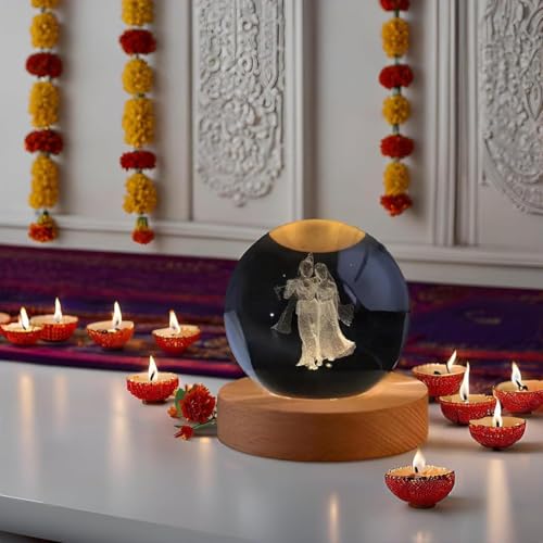 Image of ANTORCHE Radha Krishna 3D Crystal Ball Warm LED Night Lamp with Wooden Base | Spiritual Home Decor Light | Ideal Gift for Pooja Room, Bedroom & Festivals