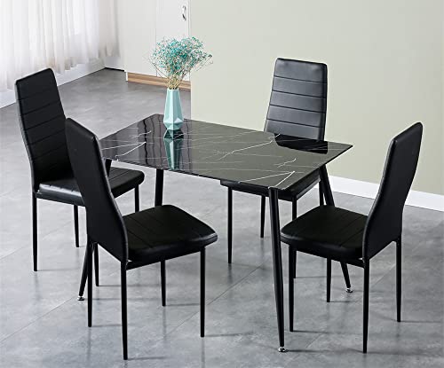 Niern Glass Dining Table For 4, Modern Marble Rectangular Kitchen Table For Dining Room Living Room (Black) #TOP2