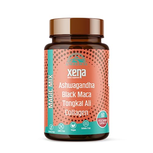 Ashwagandha Supplements, Xena Herbal Booster, Black Maca Root, Tongkat Ali and Collagen, 60 Vegetarian 500 mg. Capsules, Organic Dietary Boost