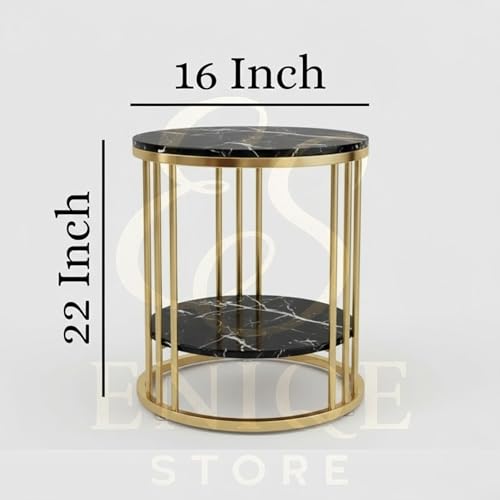Image of Modern Coffee Table Metal Side Table with Marble Finish Top | 2-Tier Round End Table for Living Room & Bedroom (Black & Gold)