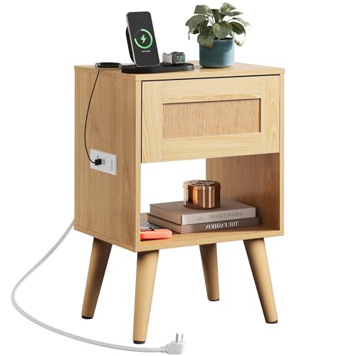WLIVE Rattan Nightstand with Charging Station, Boho Night Stand, Small Bedroom Side Table, End Table...
