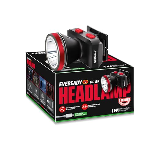 Eveready Headlamp DL89, Rechargeable 1W Led Emergency Head Light Torch, 90° Tilt, Easy to Mount...