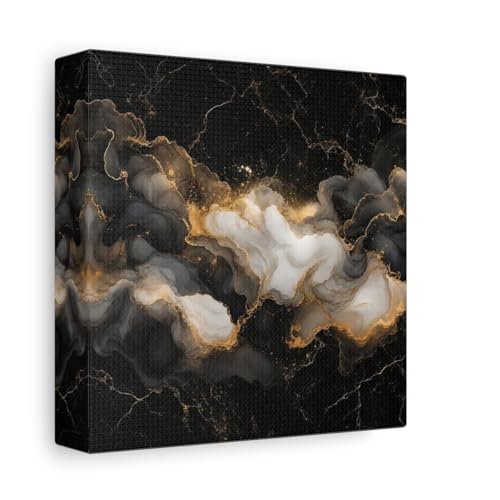 Art mural abstract ink flow tableau carre marbre noir et or pour deco salon