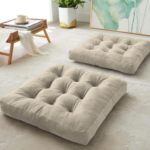 DAWNTREES Floor Pillow Set of 2, Square Large Pillows Seating for Adults, 55x55x10 cm Gray Tufted Corduroy Cushions for Outdoor Yoga Tatami Fireplace Living Room, Beige