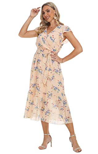 Image of VintageClothing Womens Sundress Casual Floral Summer Boho Dress | Flowy Wrap V Neck Ruffle A-Line Pleated Hem Midi Dresses
