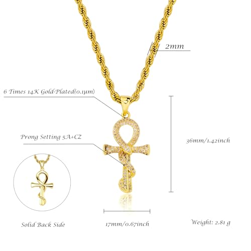 JINAO Ankh Cross Necklace for Men 14K Gold Plated - Snake Coiled Egyptian Symbol Cross Pendant with 5A Cubic Zirconia, 24" Rope Chain Men’s Jewelry2