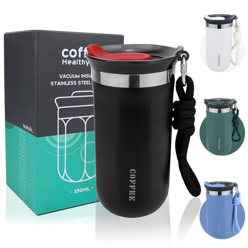 Disoza 340 ml Nero Tazza Termica Caffe Bicchiere Termico con Cannuccia Bicchiere Portatile Caffe Tazza Termica da Viaggio Tazza da Viaggio Bicchiere da Viaggio Caffè Piccolo Tazza Caffe