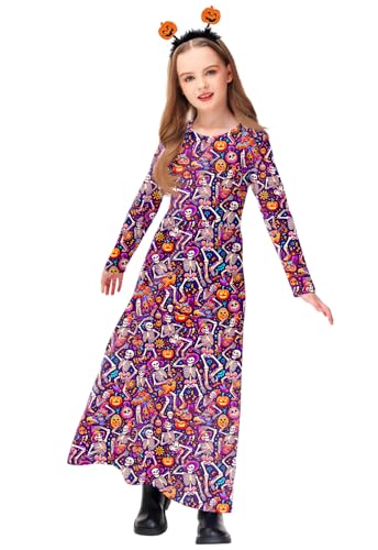 Image of Girls Halloween Maxi Dress Skeleton Day of Dead Sugar Skull Elastic Waist Pumpkin Dresses 7-8 Years