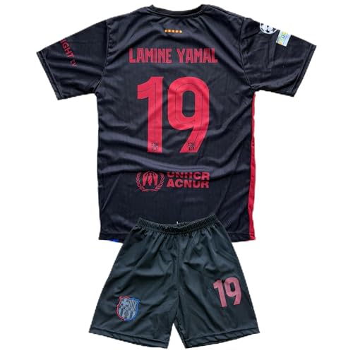 Lamine Yamal Maglia da calcio per bambini n. 19, set completo da calcio Barca con maglietta, pantaloncini, calzini, parastinchi e accessori, maglietta Barcellona per allenamento e tempo libero, rosso