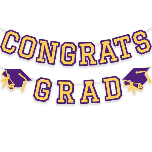 Image of Congrats Grad Banner Graduation Party Banner Decoration Hanging Garland High School College Backdrop Supplies Purple Yellow