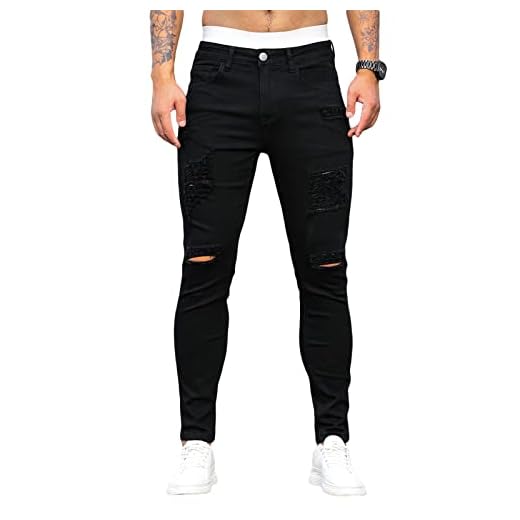 Loalirando Vaqueros Rasgados de Hombre Jeans Rotos Slim Fit Pantalones Skinny de Denim Pantalones Largos de Mezclilla Casual Vaqueros Ajustados de Hombre para Casual Deporte (Negro, L)