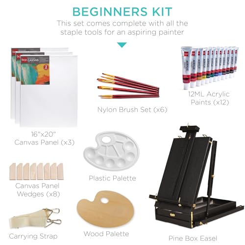 Image of Best Choice Products French Easel, 32pc Beginners Kit Portable Wooden Folding Adjustable Sketch Box Artist Tripod for Painting, Drawing w /Acrylic Paints, Brushes, Canvases, Palettes - Black