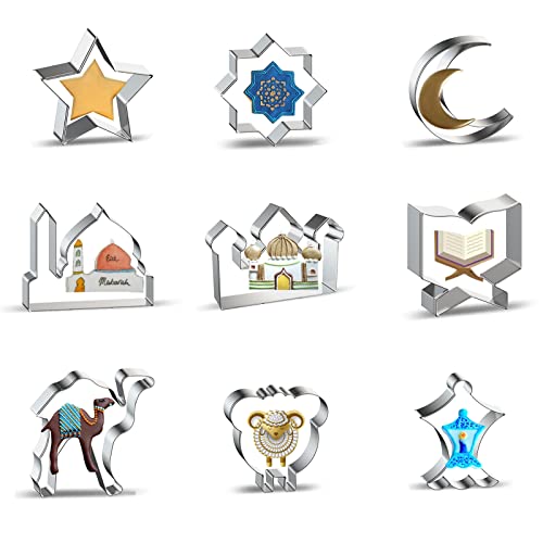Eid Mubarak Cookie Cutter Set - 9 PCS Ramadan Islamic Muslim Star, Islamic Star, Moon, Mosque, Church, Quran, Camel, Sheep, Lantern Shape Cookie Cutters Biscuit Mold for Eid Party Decorations Supplies