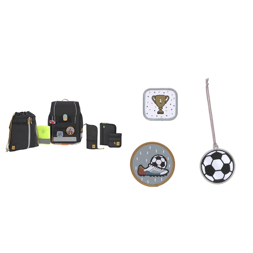 LÄSSIG Schulranzen-Set Boxy Unique Schwarz & Anhänger und Patches Set (3 STK.) mit Druckknopf