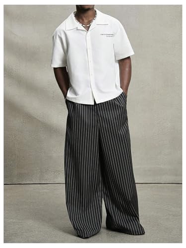 OYOANGLE Men's Striped Wide Leg Pleated Pants Zipper Fly Baggy Dress Trousers Streetwear4