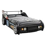 LKTART Twin Size Bed for Kids, Race Car-Shaped Wooden Platform Bed Frame with Headboard Wheels Led Light and Support Slats for Boys Toddlers Child's Bedroom (Black)