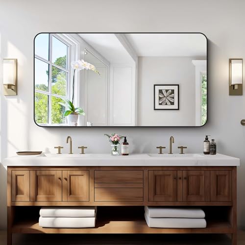 Image of Bathroom Mirror, 30 inchx55 inch Black Rectangle Wall Mirror, Metal Frame Rounded Corner Vanity Mirror, Large Wall Mounted Mirror for Modern Bedroom Living Room Horizontal Or Vertical Mounting