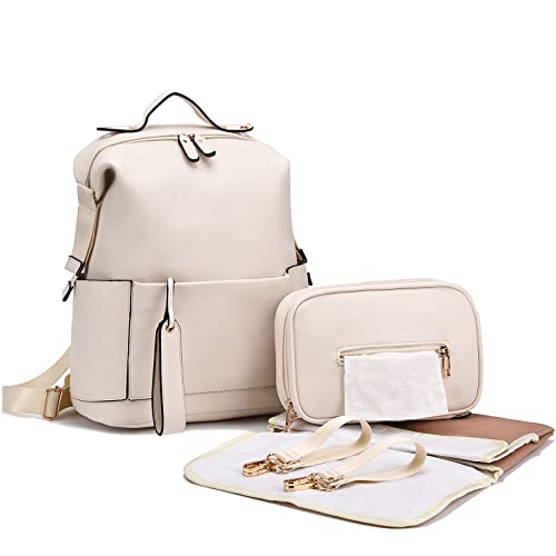Diaper Bag Backpack For Mom Pu Leather Waterproof Multifunctional Large Capacity Travel Baby Bag With Changing Pad For Boy Girl Stroller Straps 2Pcs White #TOP28
