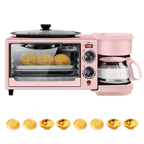 3-in-1 Multifunctional Breakfast Station, Mini Toaster Oven, Coffee Maker, and Griddle, Compact Breakfast Maker Machine for Cooking Eggs, Bacon, Pancakes (Pink)