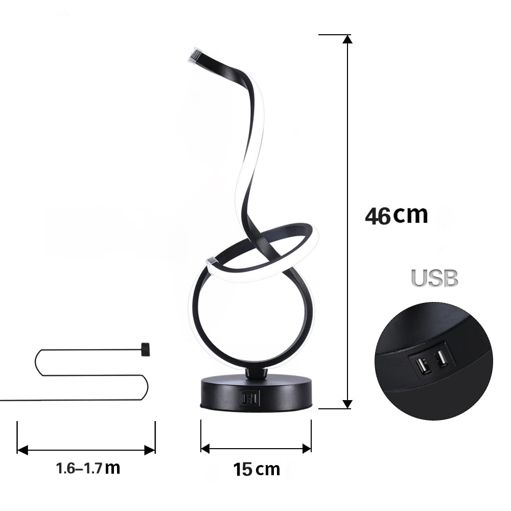 Tischlampe mit 2 USB Ladeanschlüssen Kreative Moderne LED Schwarze Leselampe für Arbeitszimmer Schlafzimmer Bürolampe Nachttisch Schreibtischlampen Kühles Weißes Licht 16W