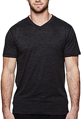 Gaiam Men’s Everyday Basic V Neck T Shirt – Short Sleeve Yoga & Workout Top – Black Heather Everyday, Large