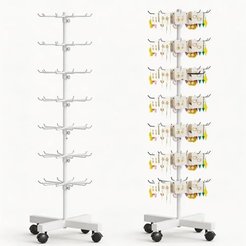 Drehbarer Verkaufsständer 7-stufig Höhenverstellbar Abstand 70 Haken 360 Rotierend mit Lenkrollen und Bremse Displayständer Ø40cm H150cm für Schmuck Schals Socken Ausstellungen und Zuhause (Weiß)