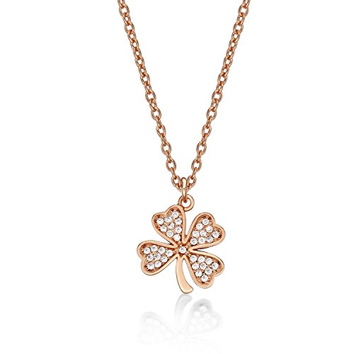 Diamond Treats Collier Pendentif Femme Or Rose en Trèfle à Quatres Feuilles, Chaine et Pendentif en Trèfle à 4 Feuilles pour Femme et Jeune Fille, Collier...
